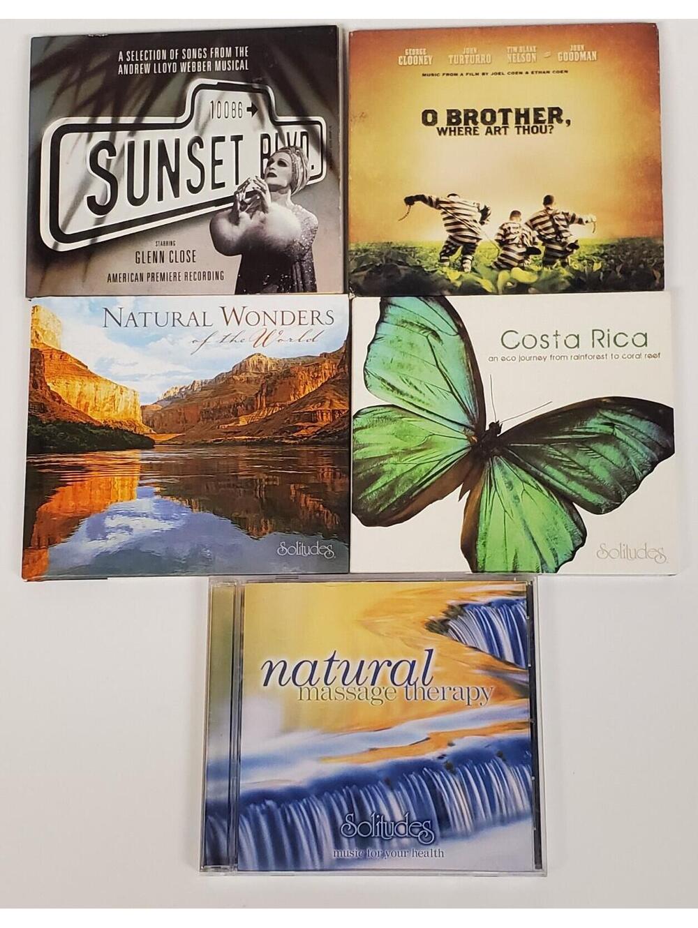 Lot of 5 CDs - Sunset Blvd, O Brother Soundtrack, Solitudes Nature Relaxation VG